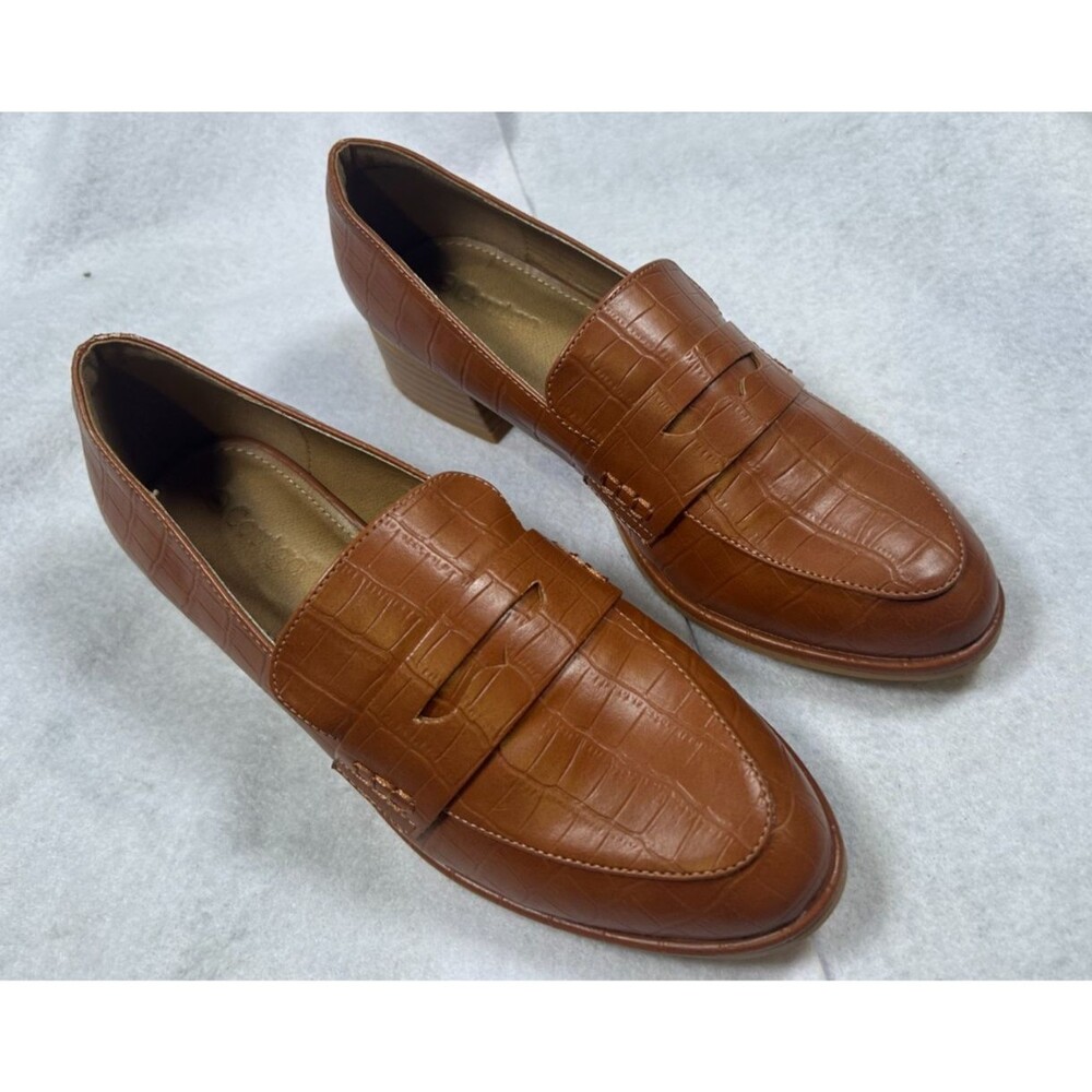 Coconuts Women’s Size 7 Brown Croc Embossed Penny Loafers Low Block Heel